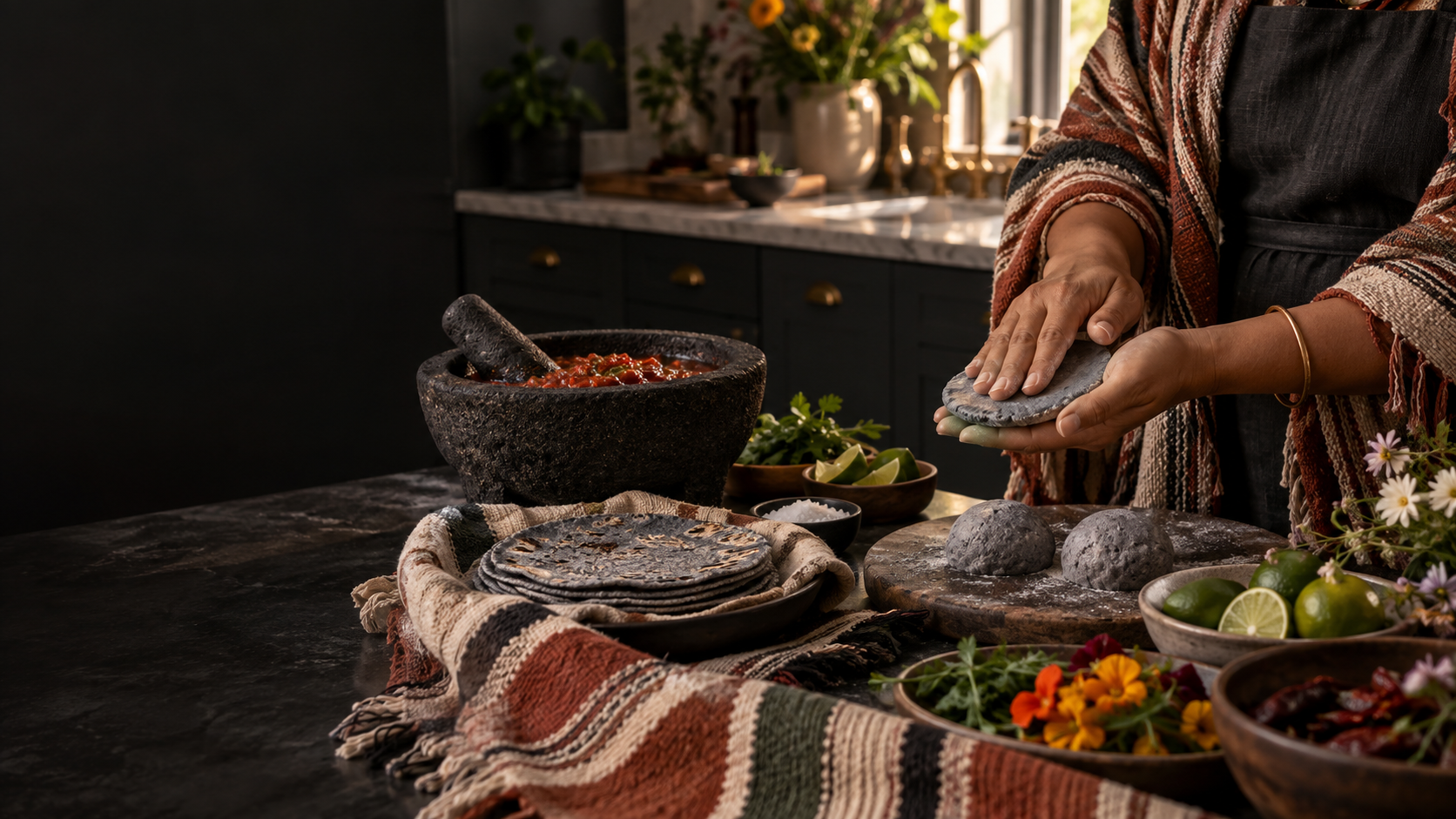 Hands preparing blue corn tortillas with a molcajete and fresh ingredients in a beautiful home kitchen