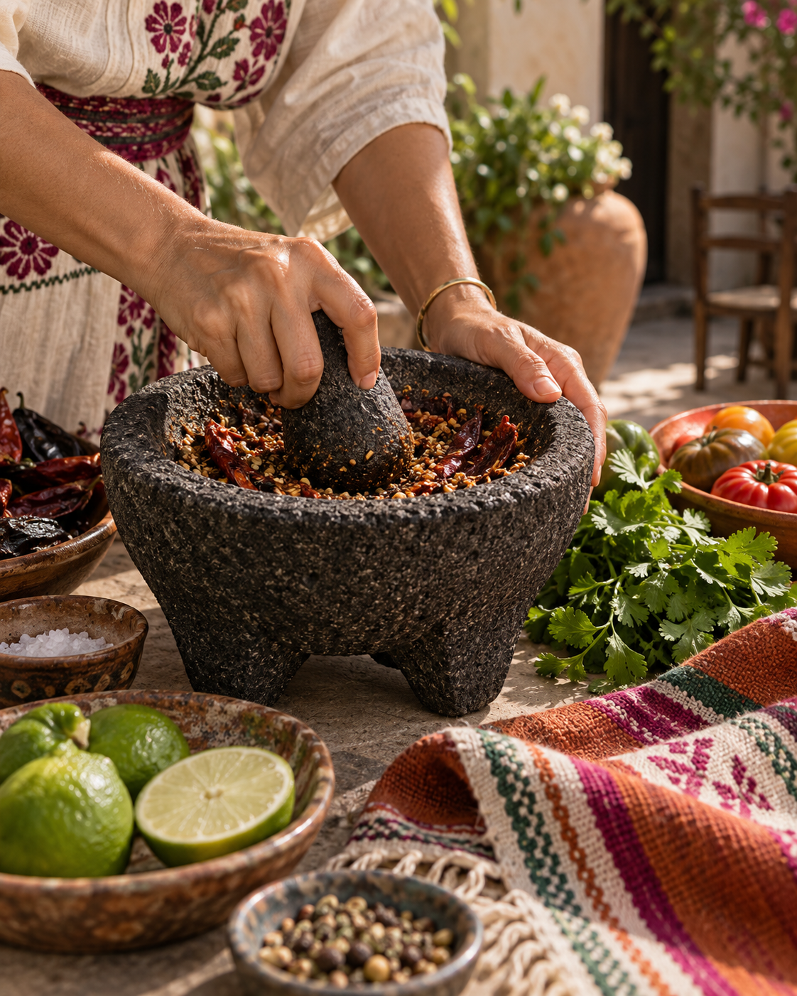 Hands grinding spices in a traditional molcajete surrounded by fresh ingredients