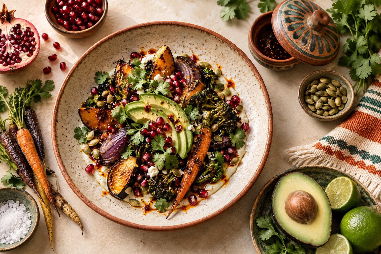 A vibrant contemporary vegetable dish inspired by Mexican cuisine, with a small covered bowl holding the finishing touch